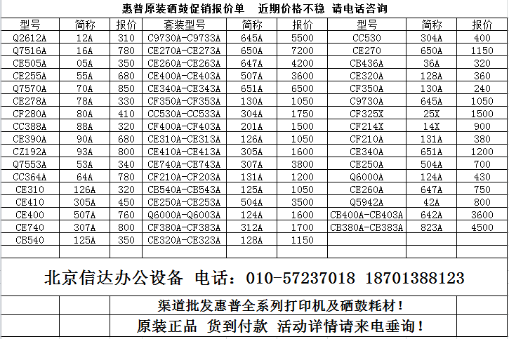 惠普打印機(jī)及電腦耗材報(bào)價(jià)單（參考）